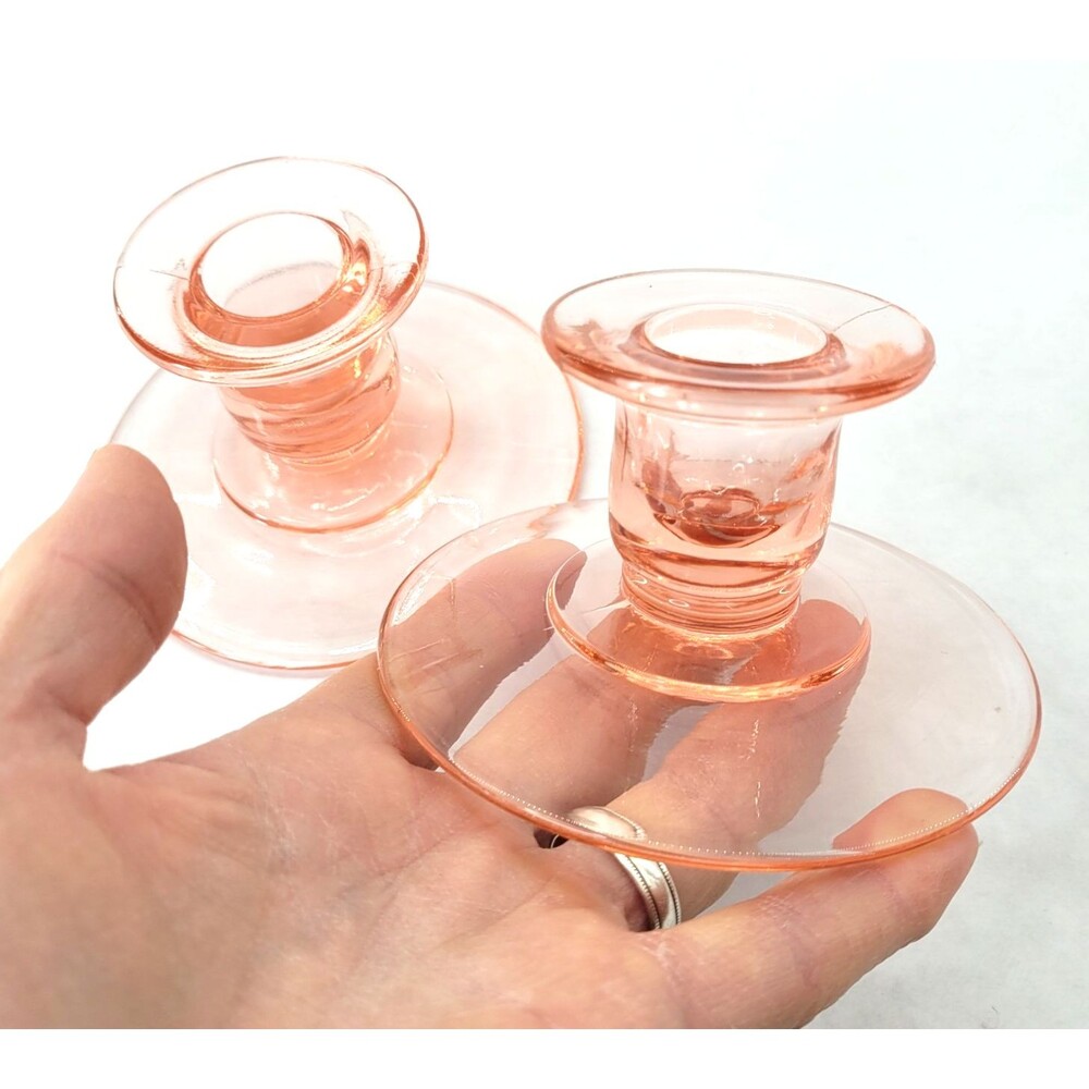 VTG PAIR PINK DEPRESSION GLASS CANDLESTICKS HOLDERS Shabby Chic Farmhouse Decor